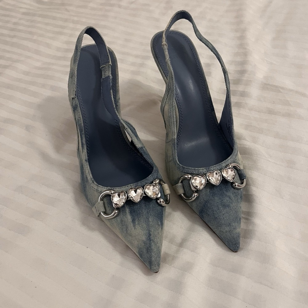 ASOS Acid Wash Denim Slingback Stilettos Pointed Toe Heart Embellishment Sz 9